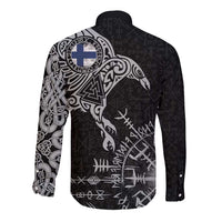 Finland Viking Ravens Long Sleeve Button Shirt Vegvisir Runes Pattern - Wonder Print Shop