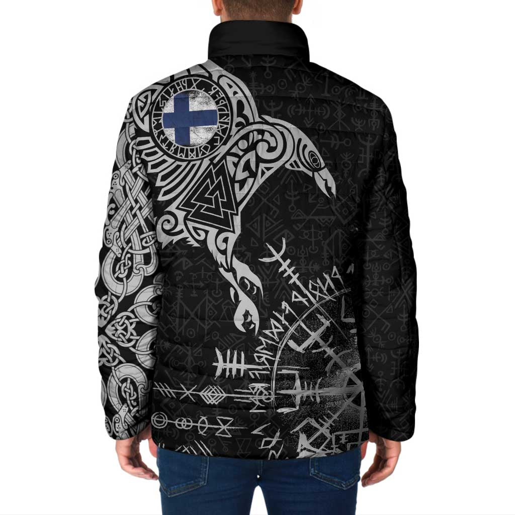 Finland Viking Ravens Padded Jacket Vegvisir Runes Pattern - Wonder Print Shop