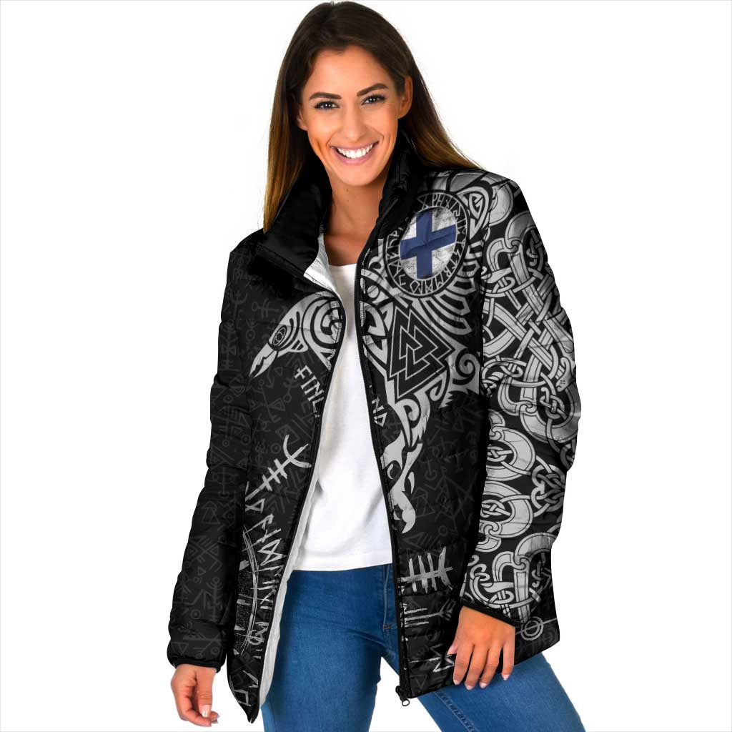 Finland Viking Ravens Padded Jacket Vegvisir Runes Pattern - Wonder Print Shop