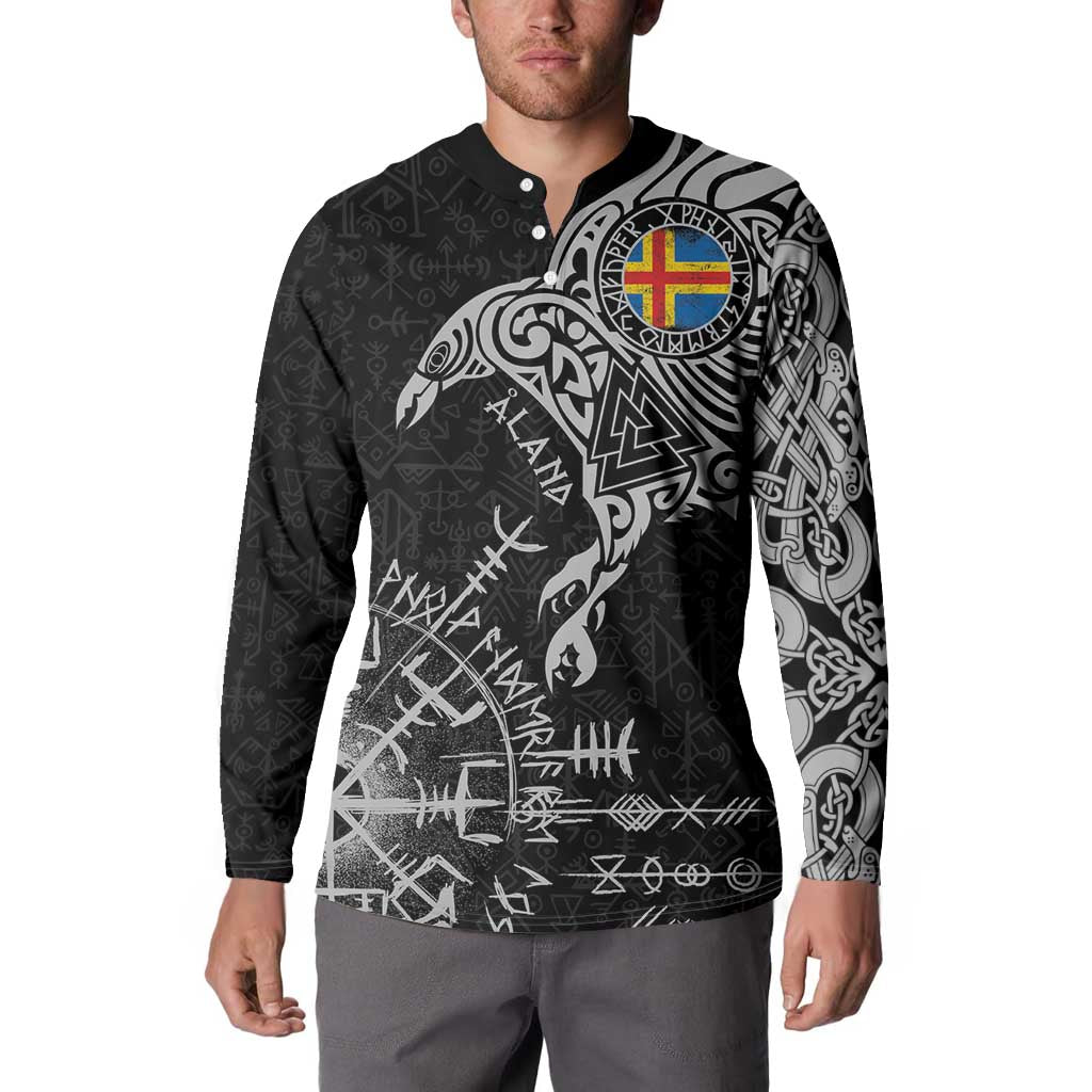 Aland Viking Ravens Button Sweatshirt Vegvisir Runes Pattern - Wonder Print Shop