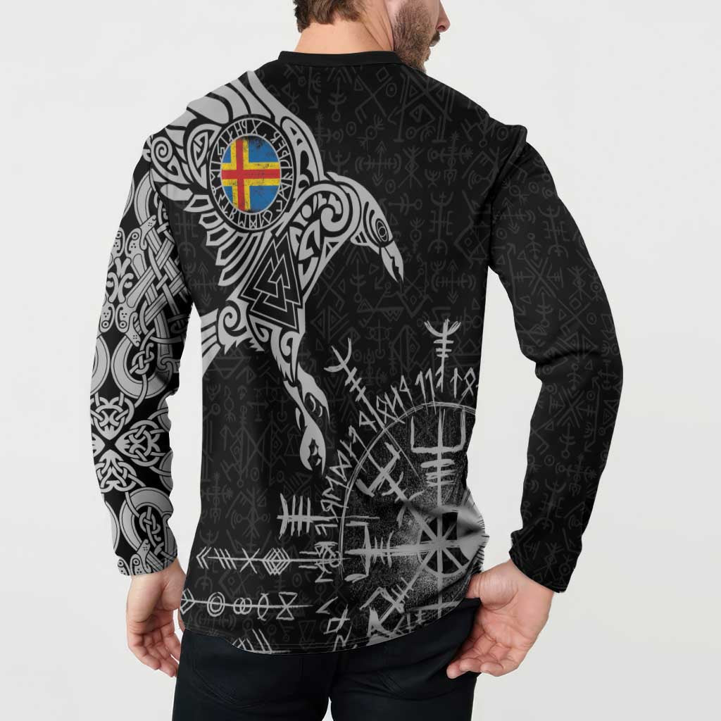 Aland Viking Ravens Button Sweatshirt Vegvisir Runes Pattern - Wonder Print Shop