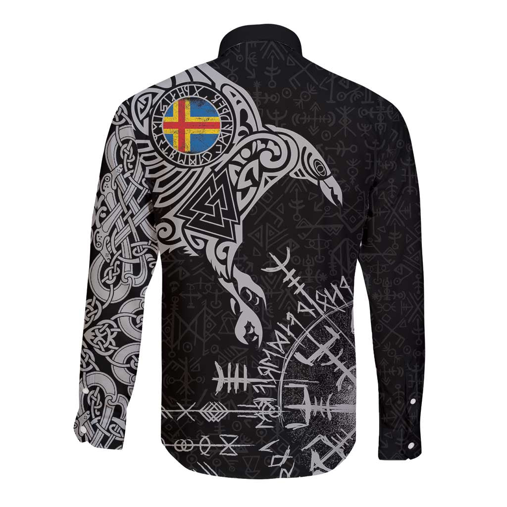 Aland Viking Ravens Long Sleeve Button Shirt Vegvisir Runes Pattern - Wonder Print Shop