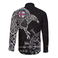 Faroe Islands Viking Ravens Long Sleeve Button Shirt Vegvisir Runes Pattern - Wonder Print Shop