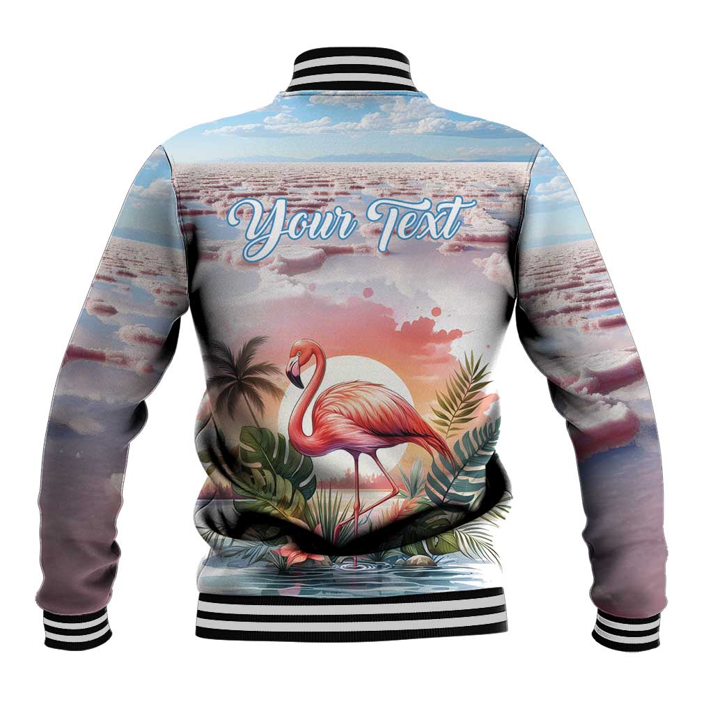 Unisex baseball jacket back with “Your Text”, flamingo graphic, ribbed striped collar cuffs