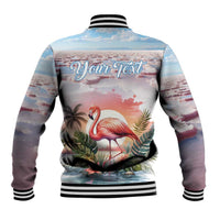 Unisex baseball jacket back with “Your Text”, flamingo graphic, ribbed striped collar cuffs