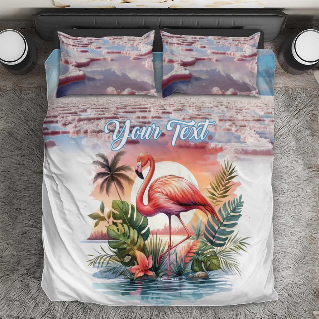 Personalized flamingo duvet bedding set with two square pillows, 'Your Text' overlay