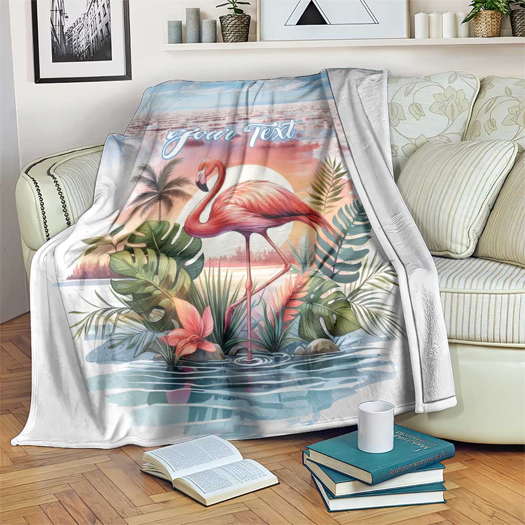 Tropical flamingo throw blanket with custom text, pastel palm and ocean scene