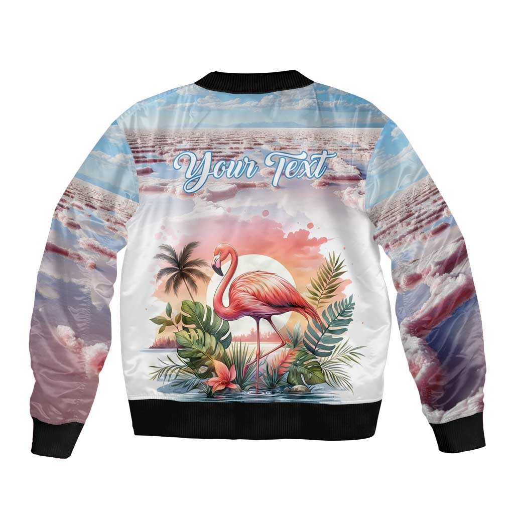 Pink bomber jacket with back flamingo tropical scene and 'Your Text' graphic, black trim
