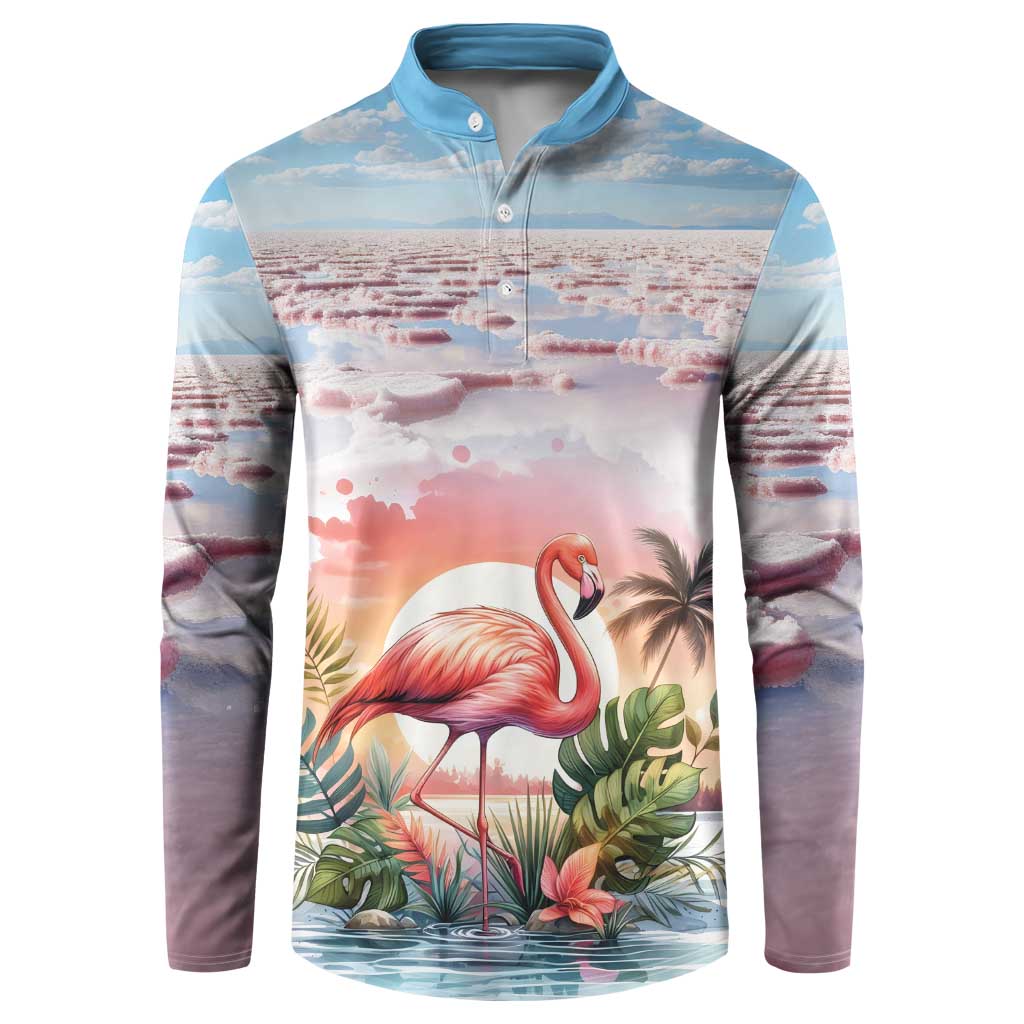 Button sweatshirt with flamingo and palm plants print, blue collar.