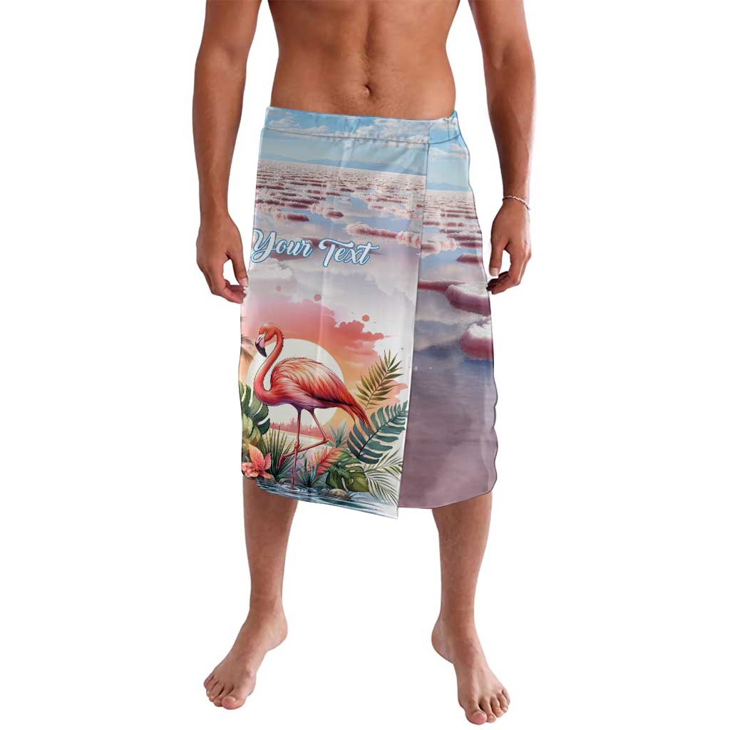 Men’s printed lavalava skirt with flamingo scene and custom text, pink/blue tones