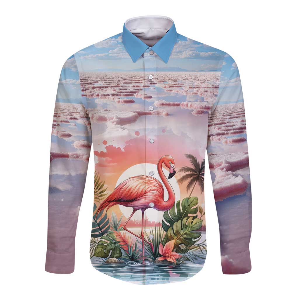 Long-sleeve button shirt with pink flamingo tropical print, front view