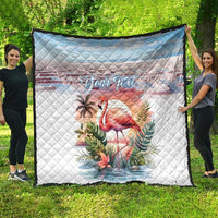 White quilt with diamond stitching, light-blue top, pink flamingo and tropical leaves, "Your Text".