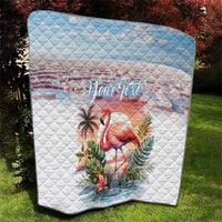 Square view of white flamingo quilt with light-blue top band, tropical plants, "Your Text" script.