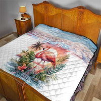 White bed quilt with diamond stitching, pink flamingo and tropical plants, "Your Text" overlay.