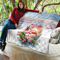 Personalized flamingo throw quilt, white base with light-blue sky, tropical leaves, "Your Text".