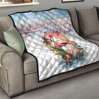 White personalized flamingo quilt on sofa, diamond quilting, pink flamingo and tropical foliage, "Your Text".