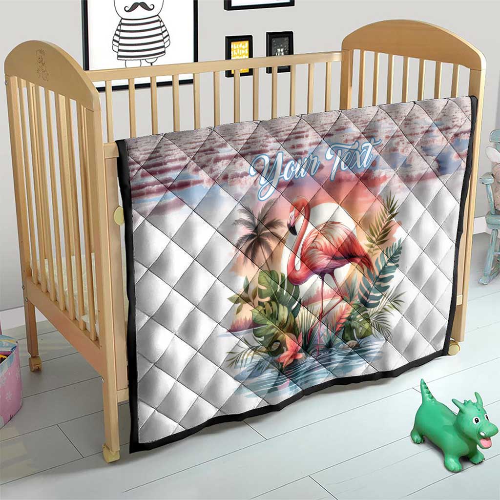 Personalized flamingo quilt with diamond quilting, white base, pink flamingo and leaves, "Your Text".