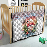 Personalized flamingo quilt with diamond quilting, white base, pink flamingo and leaves, "Your Text".