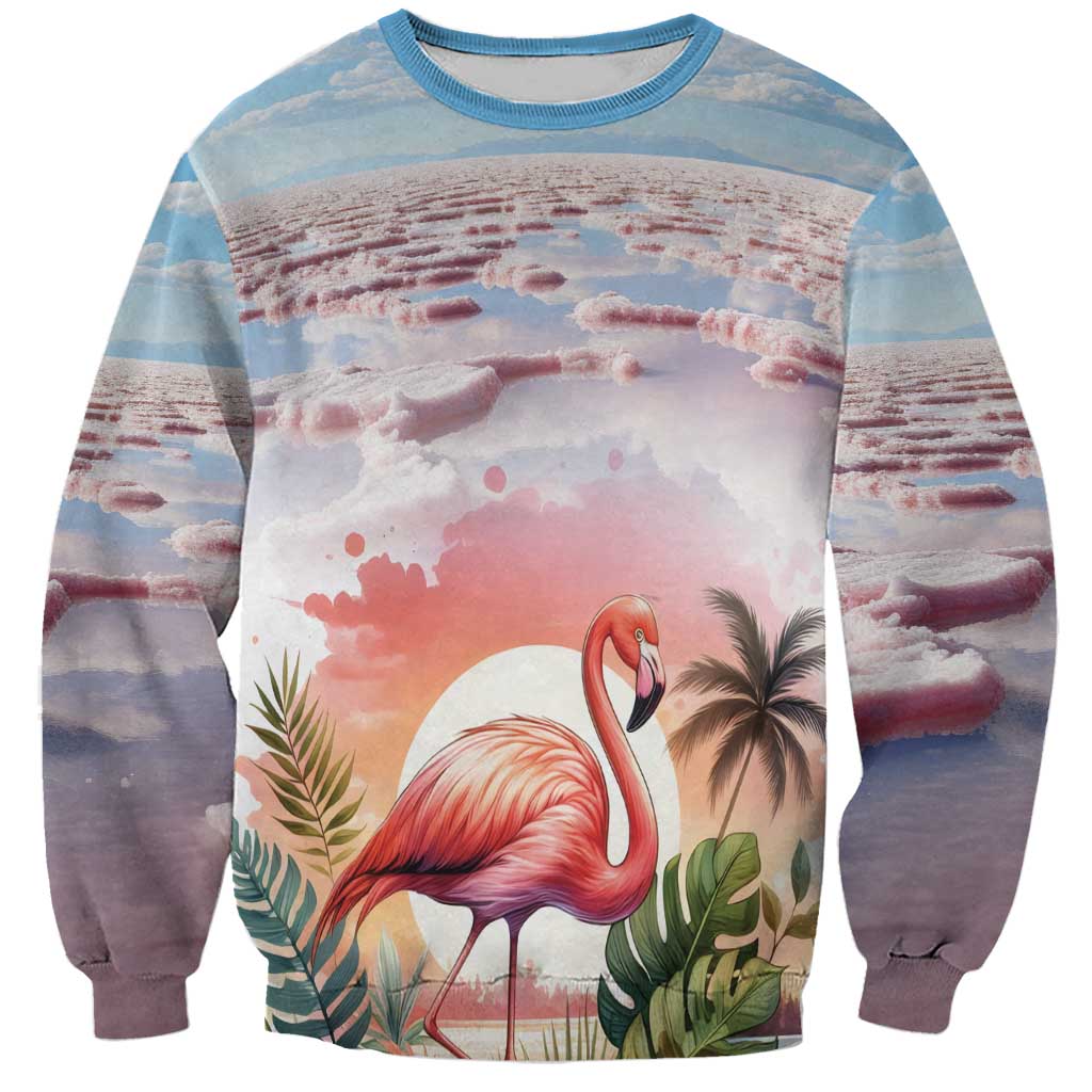 Unisex crewneck sweatshirt with flamingo, palm leaves, and scenic cloud print.