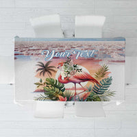 Tablecloth with pink flamingo and tropical leaves; 'Your Text' personalization panel