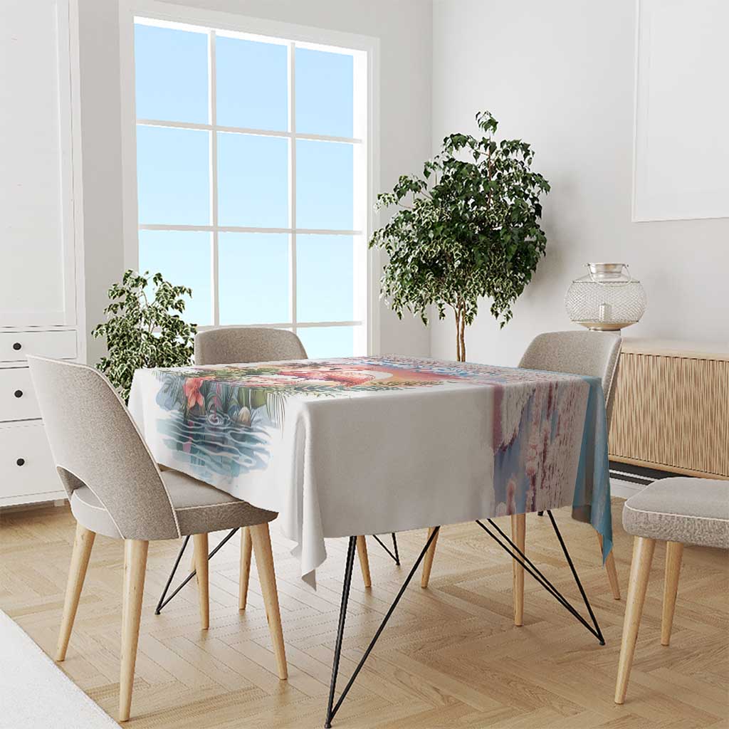 Flamingo tropical tablecloth in light pink tones on dining table with four chairs