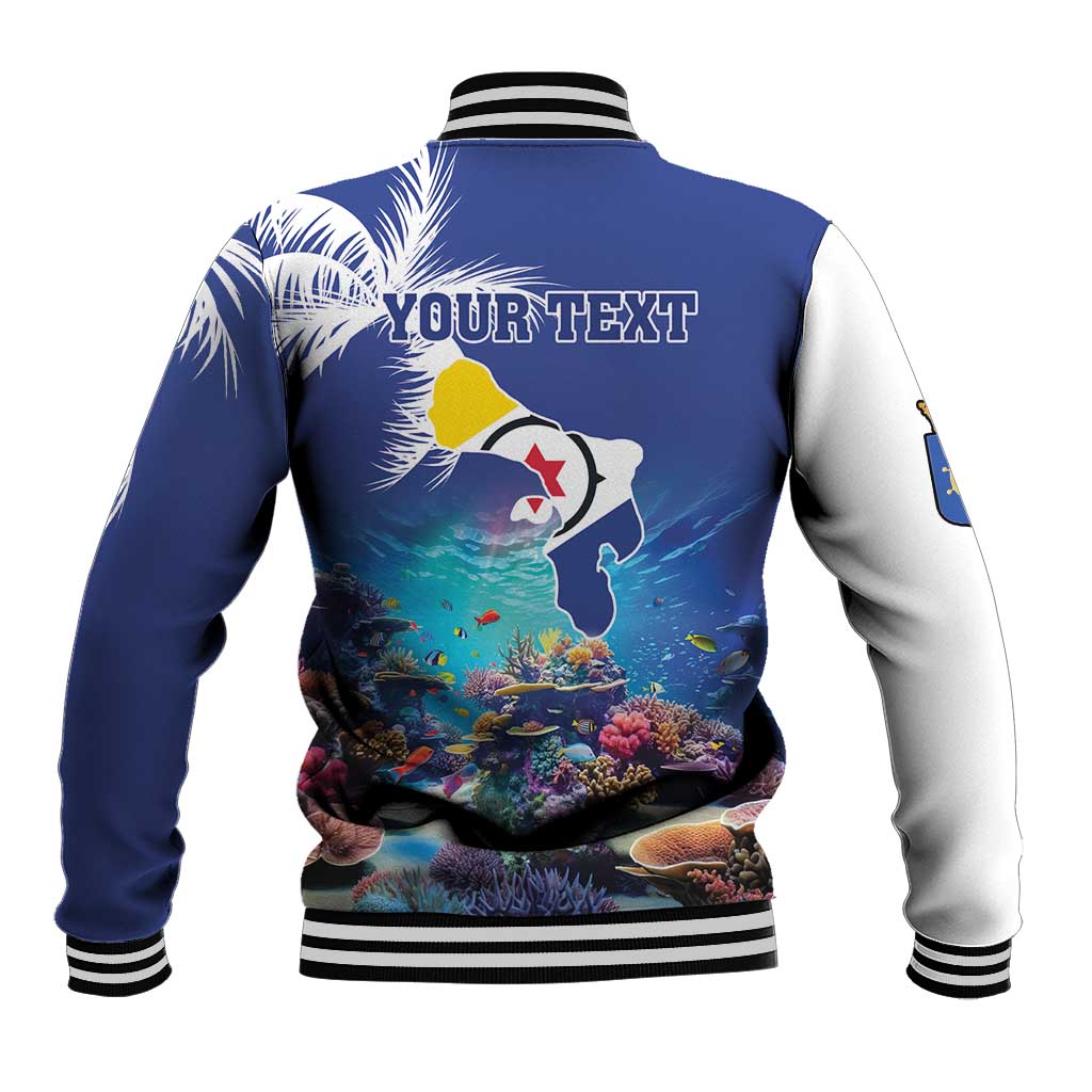 Unisex baseball jacket with striped rib hem and back reef print with YOURTEXT and palmtree art