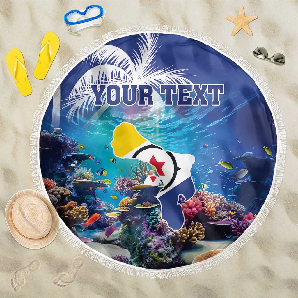 Blue round beach blanket with coral and fish, 'YOUR TEXT' print, white fringe edge