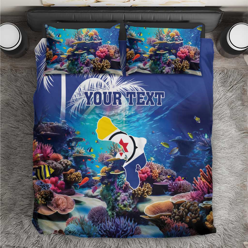 Blue coral reef bedding set viewed from above; sea fish print with personalized text