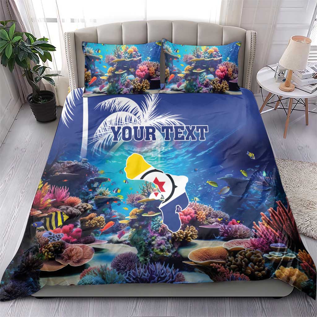 Blue coral reef bedding set with sea fish; personalized text on duvet, matching pillowcases