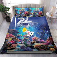 Blue coral reef bedding set with sea fish; personalized text on duvet, matching pillowcases