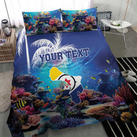 Blue coral reef duvet and pillowcases with sea fish design and personalized text