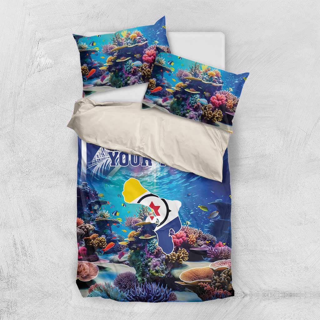 Blue coral reef bedding set with sea fish and corals; two pillows with personalized text