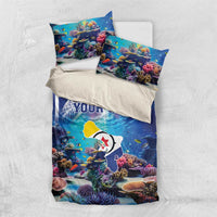 Blue coral reef bedding set with sea fish and corals; two pillows with personalized text