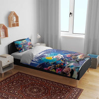 Blue coral reef bedding set in bedroom; sea fish print with personalized text on duvet