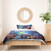 Blue coral reef bedding set with sea fish print; personalized text on duvet and pillows