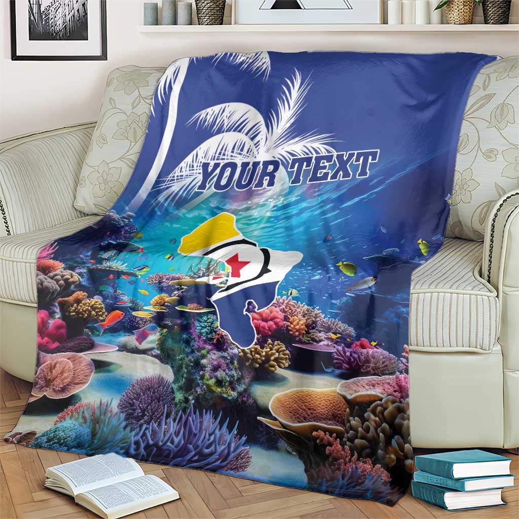 Blue coral reef blanket with fish, corals, and 'YOUR TEXT' custom text print