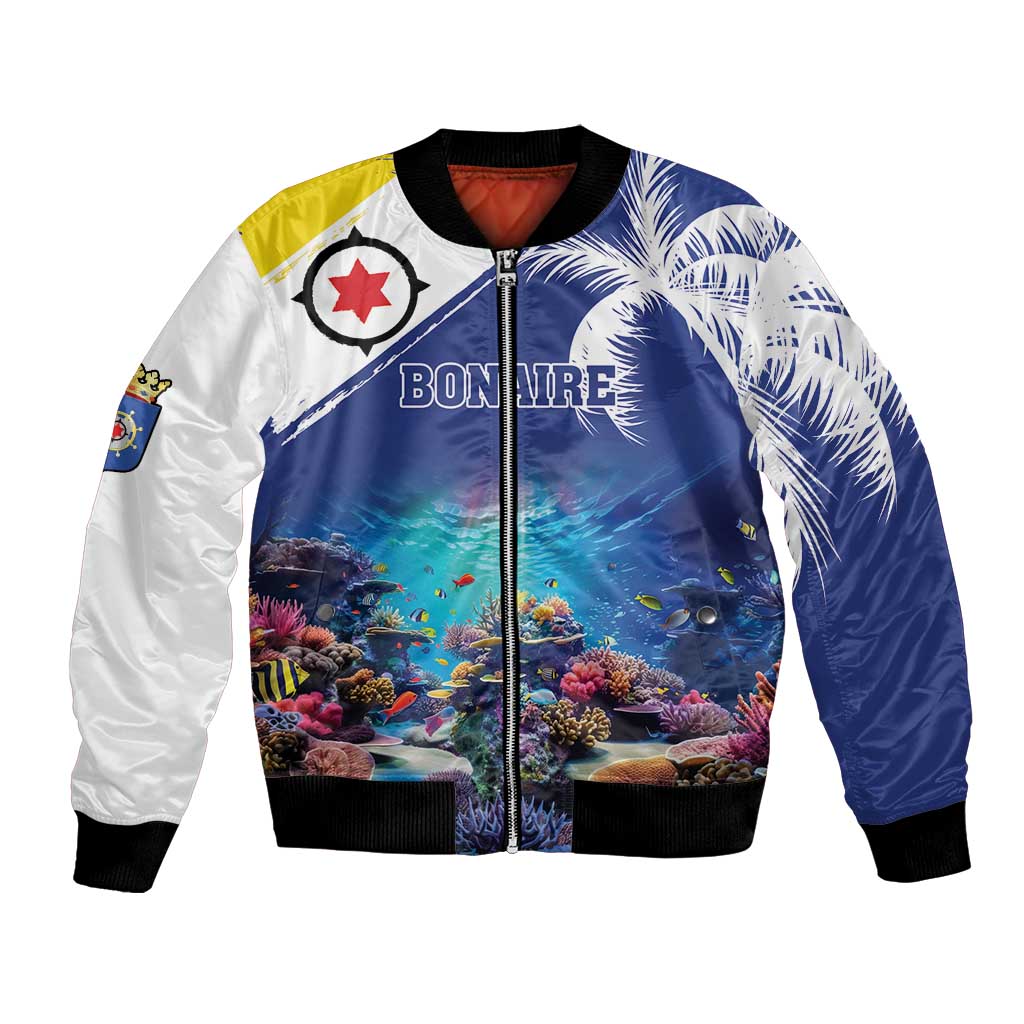 Unisex blue bomber jacket with underwater coral reef print and front zipper