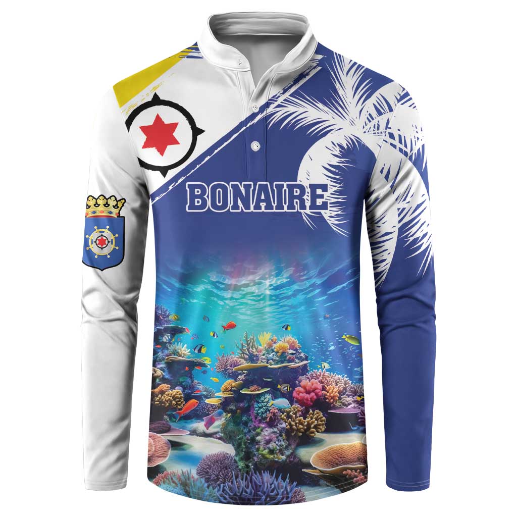 Blue button sweatshirt with underwater coral and fish graphic, BONAIRe on chest
