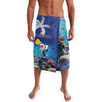 Men's blue swim shorts with underwater coral reef print and placeholder text panel