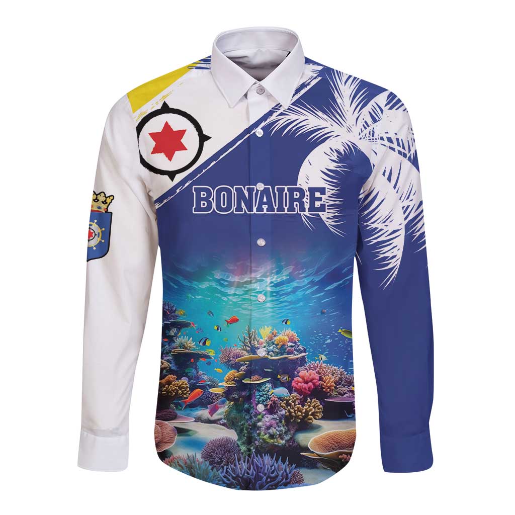 Long-sleeve button-up shirt with underwater coral reef print, blue and white, front BONAIRE