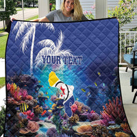 Personalized blue coral reef quilt with sea fish, quilted pattern, and custom text