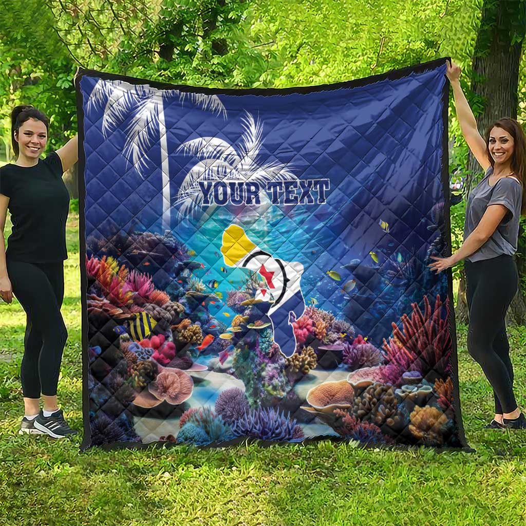 Blue personalized coral reef quilt with colorful sea fish and custom text, large throw