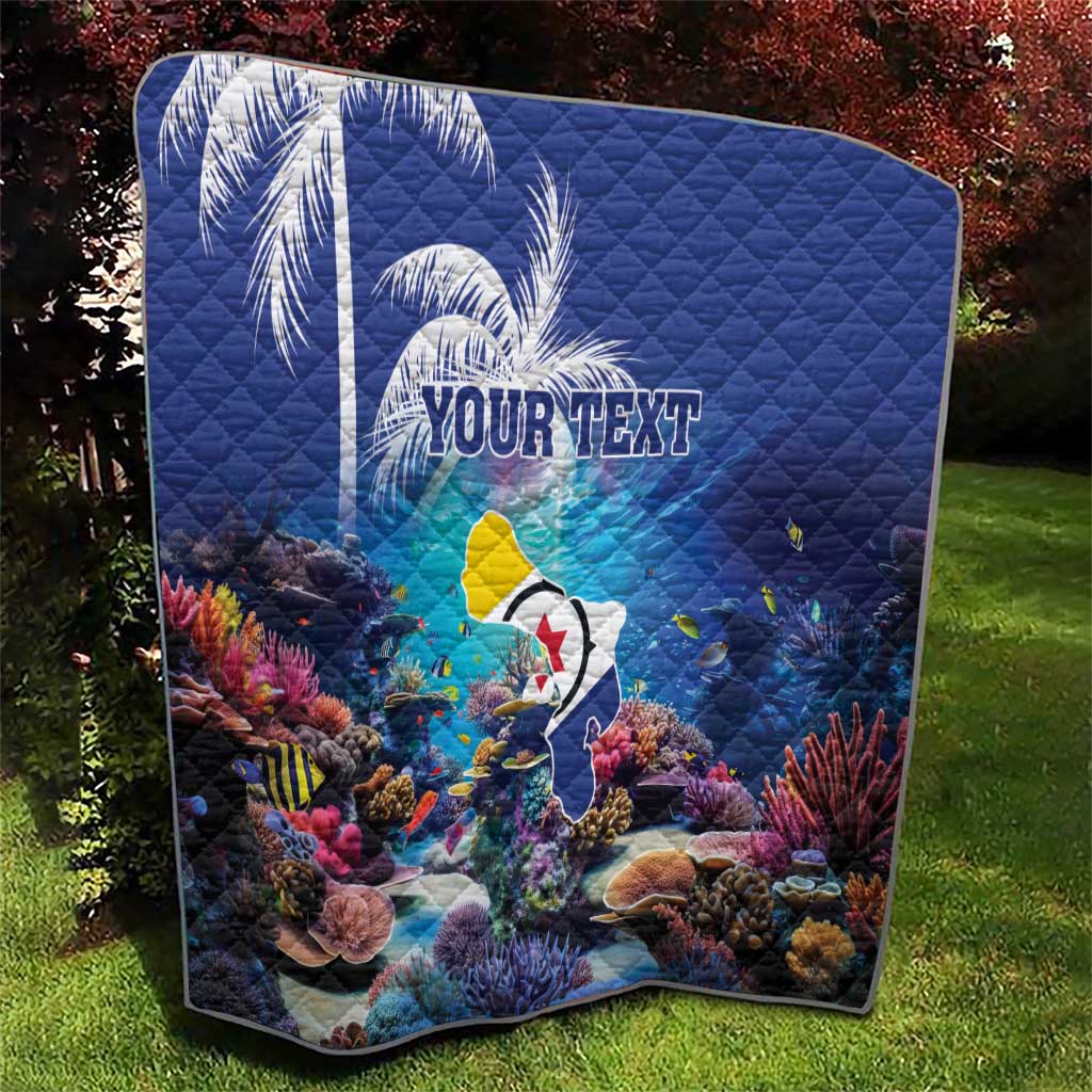 Blue personalized coral reef quilt with sea fish, quilted surface and custom text