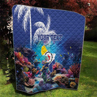 Blue personalized coral reef quilt with sea fish, quilted surface and custom text