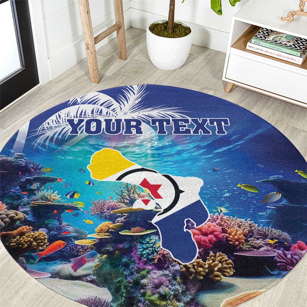 Blue round coral reef rug with colorful fish and 'YOUR TEXT' center print