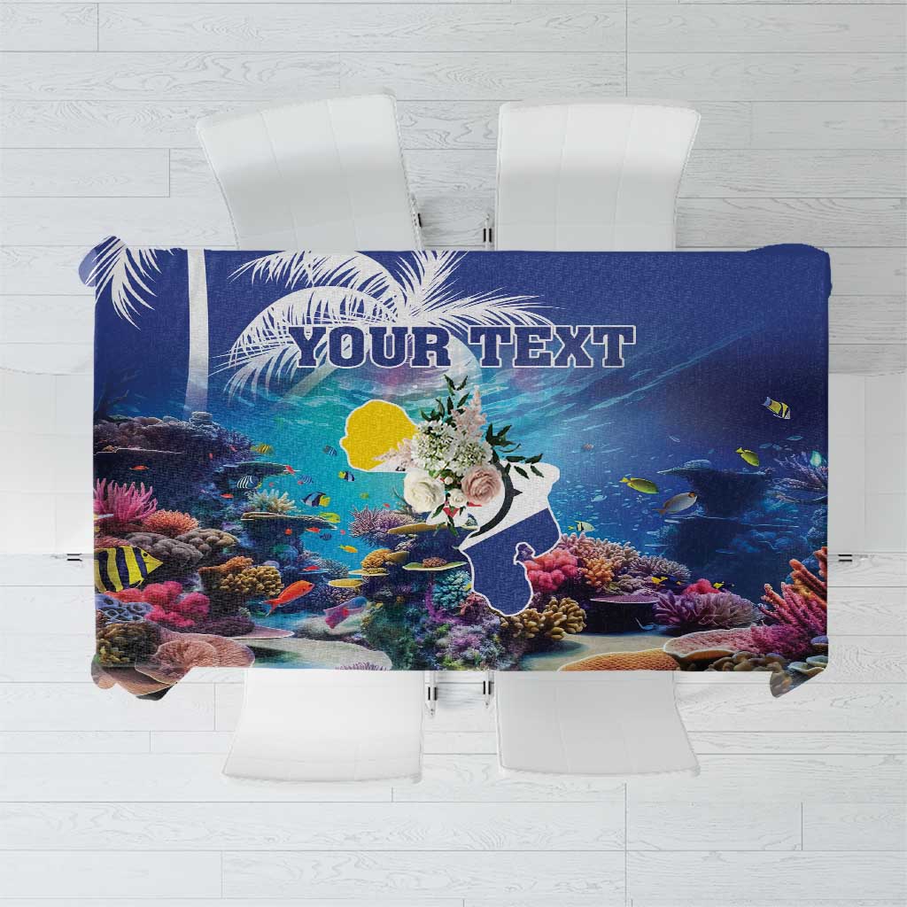 Personalized blue tablecloth with underwater coral reef, sea fish, and custom text