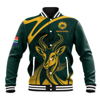 Green baseball jacket front with gold springbok graphic, South Africa crest, striped trim