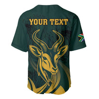 Green baseball jersey with gold antelope head, leaf pattern, custom text on back