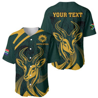 Pair of green baseball jerseys: front with gold antelope and South Africa, back with text