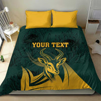 Green and yellow springbok duvet cover with two yellow pillows, centered “YOUR TEXT”